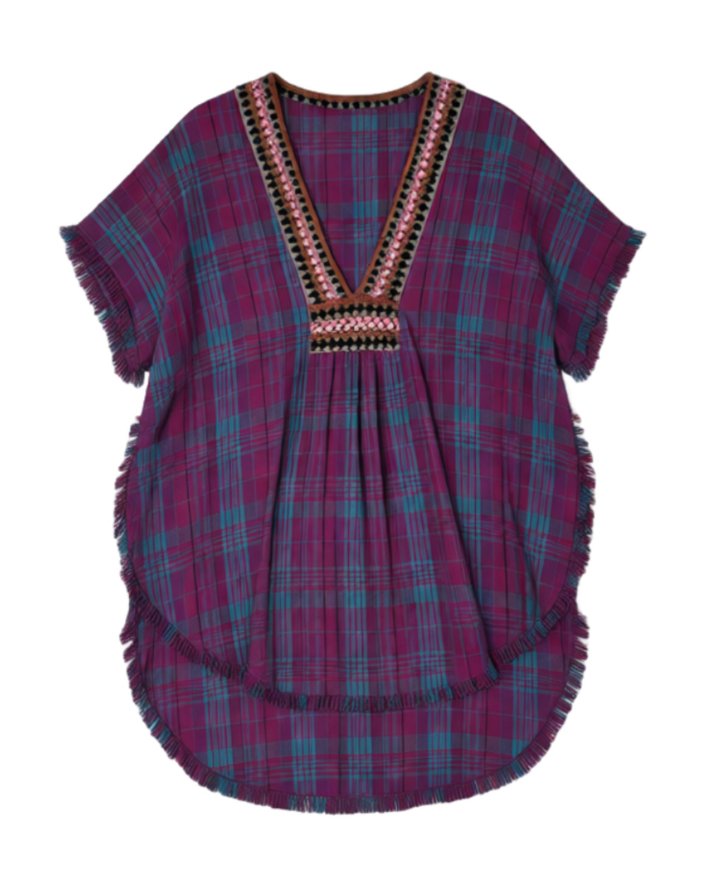 Free People Tangier Tunic Dress M Pink Plaid Boho Crochet Neck Frayed